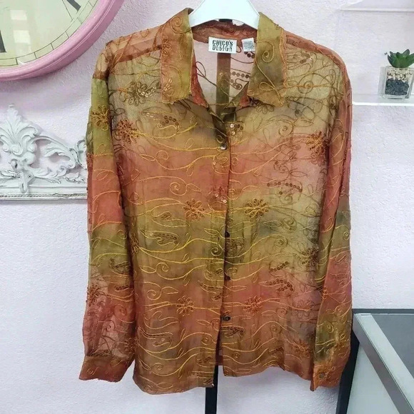 Vintage Chico's Design Sheer Fall Blouse with Silk Embroidery - Picture 1 of 5